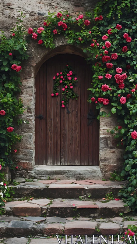 Stone Archway Framed by Cascading Crimson Roses.