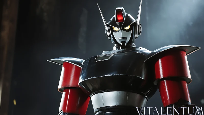 High-contrast mecha bust with reflective armor and rim lighting