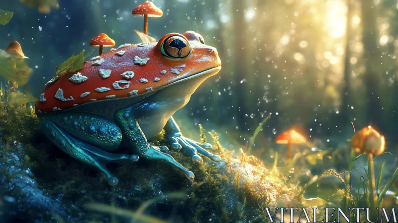 Forest daydream: whimsical mushroom-crowned frog at rest.