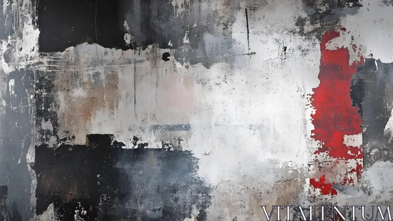 Urban Abstract Painting with Bold Red Accent and Textured Layers.