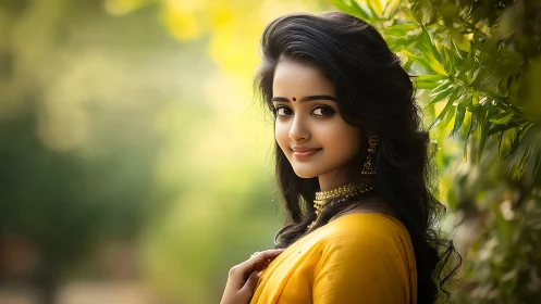 Portrait of woman in yellow sari outdoors with greenery.