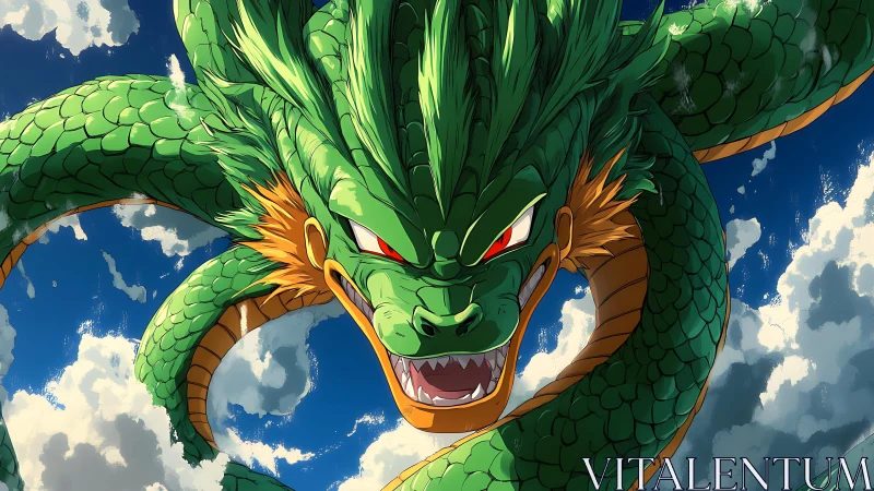 Coiled green sky dragon rendered with dynamic anime lighting and detail