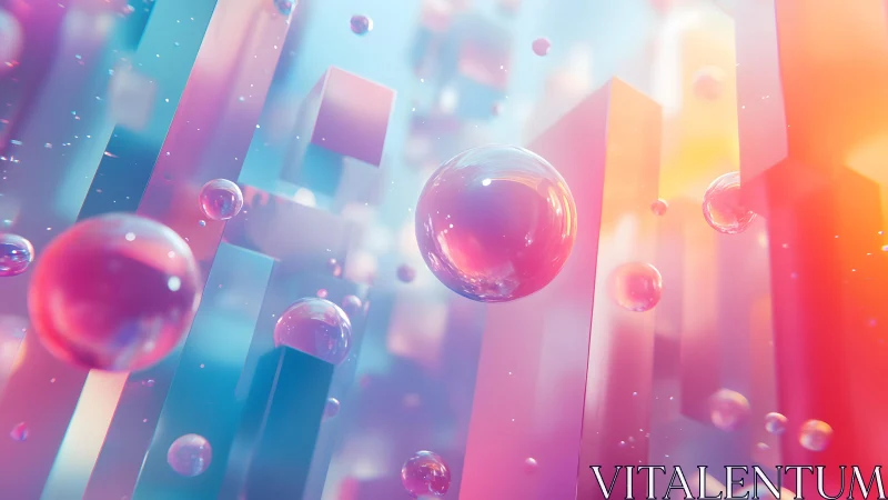Glowing glass spheres drift through neon pastel geometric city