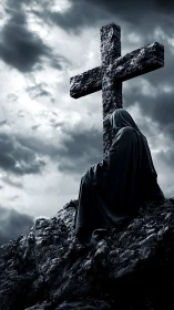 Quiet hooded figure resting by a weathered stone cross.