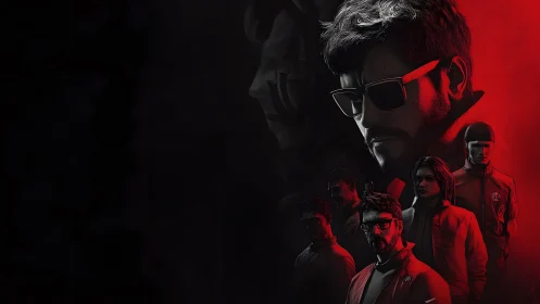 Mysterious Crew Portrait in Red and Black Cinematic Art Style.