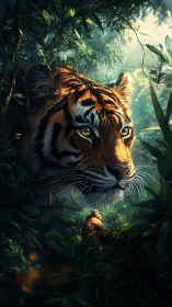 Majestic tiger emerging through luminous jungle foliage.