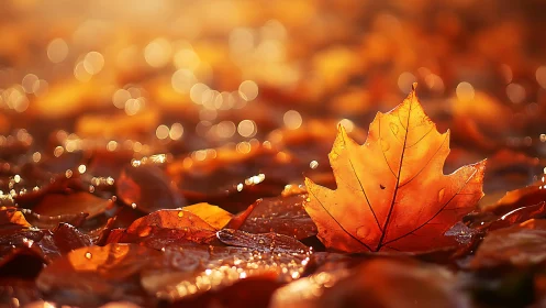 Single autumn leaf glows in soft golden evening light.