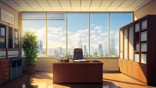 High-rise Executive Office with City Skyline View and Modern Furnishings