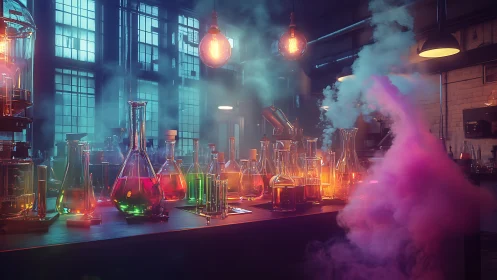Neon laboratory glassware glows through vaporous chemical haze.