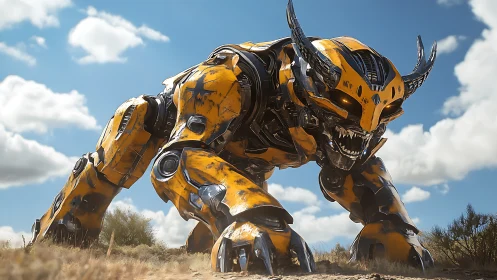 Predatory quadruped mech snarls in low-angle desert view