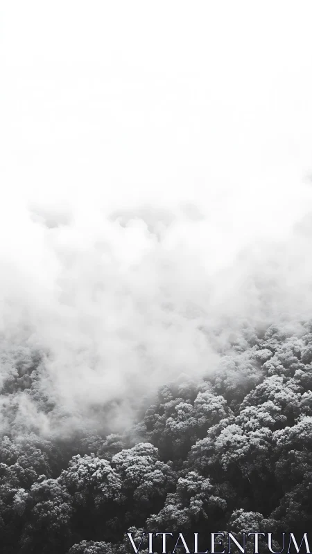 Misty Forest Canopy Beneath Low-Hanging Cloud Cover