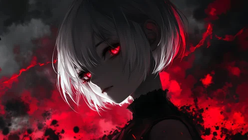 Silver haired anime girl burns against a red storm sky