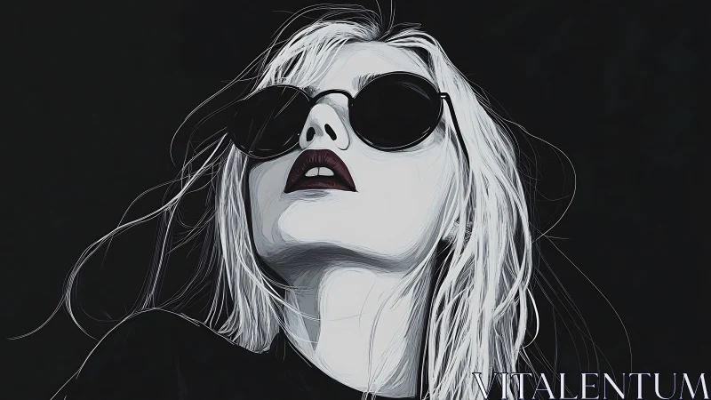 Monochrome digital portrait of woman in round sunglasses.