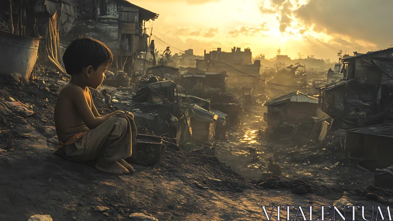Child watching a fragile sunrise over a struggling cityscape.