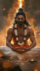 Meditating Hindu ascetic in fiery spiritual aura focus.