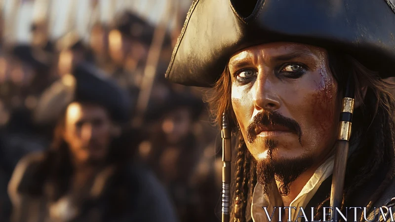 Weathered pirate captain stares ahead with steely resolve.