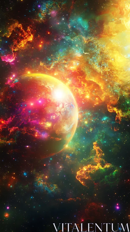 Prismatic planet adrift in blazing auroras of deep space.