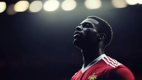 Floodlights crown the focused footballer in crimson resolve