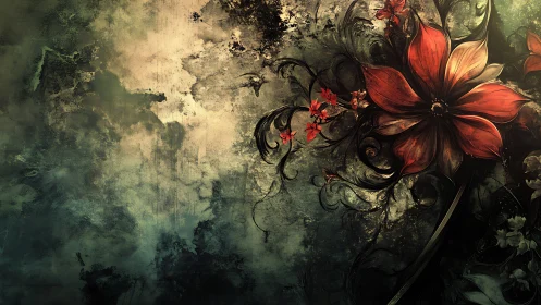 Crimson flower blooms against textured, shadowed grunge field.