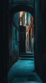 Quiet old alley invites you toward its hidden blue light