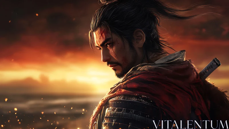 Armored warrior profile against burning sunset sky.