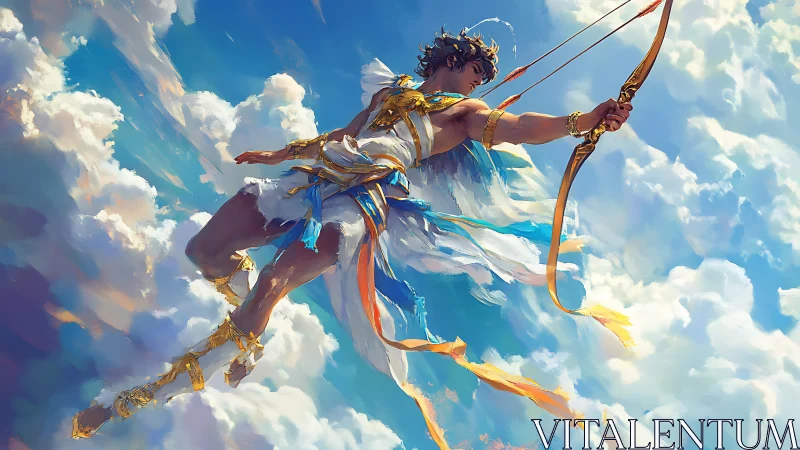 Celestial archer mid-flight in luminous stratiform cloudscape.