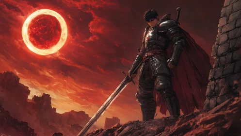 Armored swordsman silhouetted against eclipsed blood-red sun