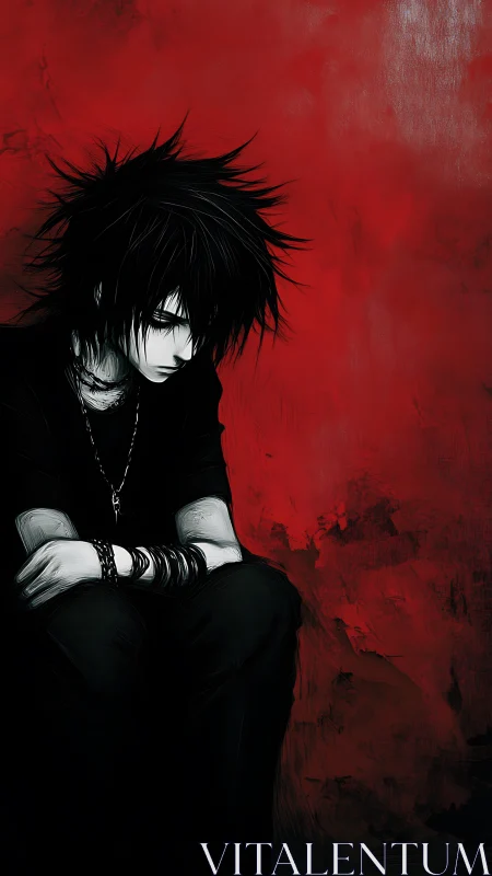 Melancholic goth boy against blood red abstract wall.