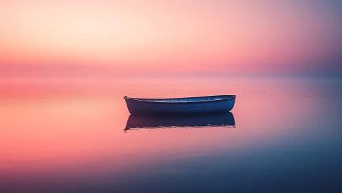 Solitary rowboat on gradient dusk lake with mirror reflection.