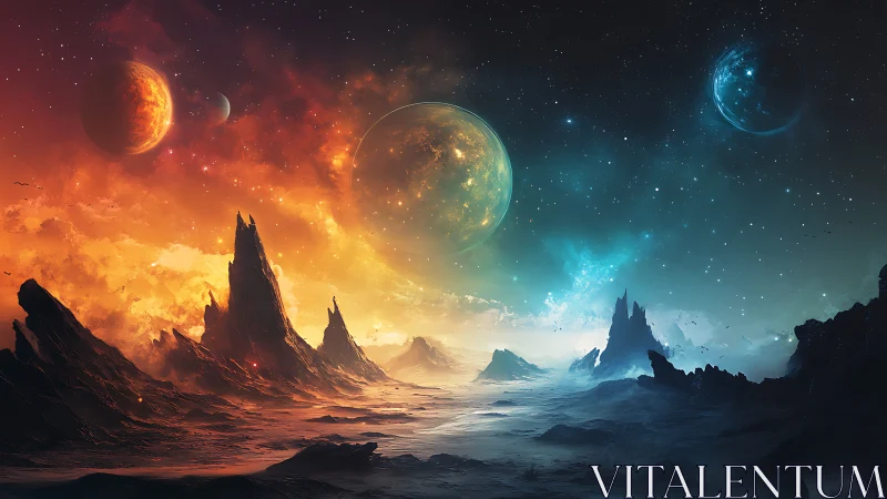 Alien twin landscape split by fiery and icy skies.