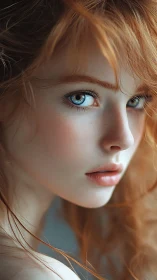 Ethereal redhead portrait glows with piercing blue gaze