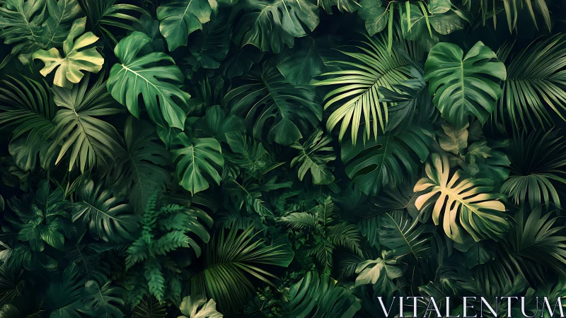 Layered tropical foliage wall in dense digital painting style.