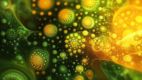 Green and yellow fractal circles in glowing abstract field.