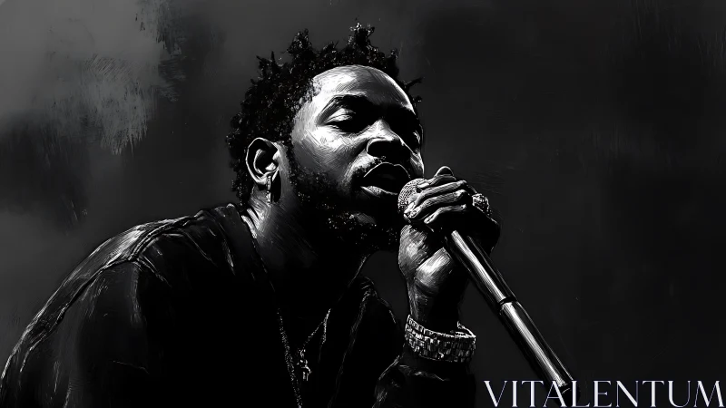 Black and white digital portrait of singer holding microphone