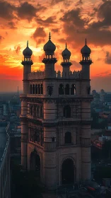 Sunlit Indo-Islamic gateway tower silhouetted against fiery sky