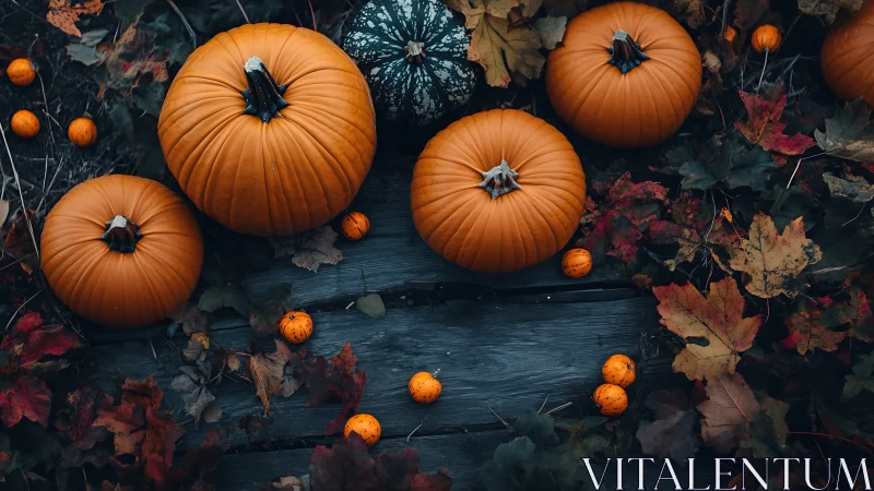 Top-down optical study of pumpkins on weathered timber surface.