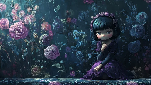 Melancholic blue haired girl seated in dark floral room.