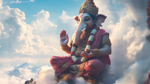 Elephant-headed deity statue seated among dense clouds.