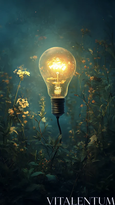 Illuminated light bulb suspended over dense forest plants.