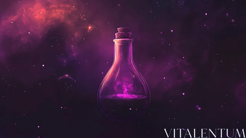Cosmic potion bottle suspended in glowing violet nebula.