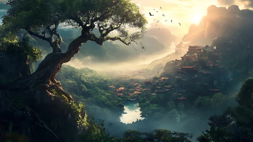 Sunlit mountain village beneath ancient riverside tree.