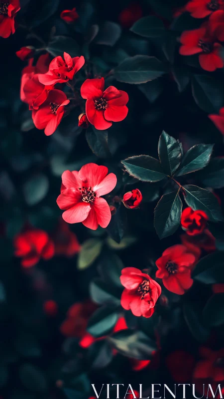 Red flowers bloom against dark foliage with selective focus.