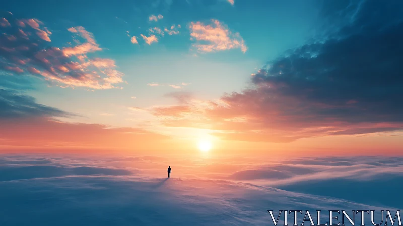 Solitary figure under vast pastel sunrise sky on snowfield.