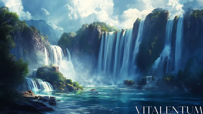 Tiered cliff waterfalls descending into reflective lagoon.