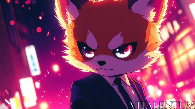 Determined red panda in suit against neon city lights.