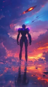 Neon mecha sentinel stands over mirrored sunset shore.