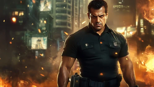 Armored officer stands amid burning urban chaos in stylized 3D