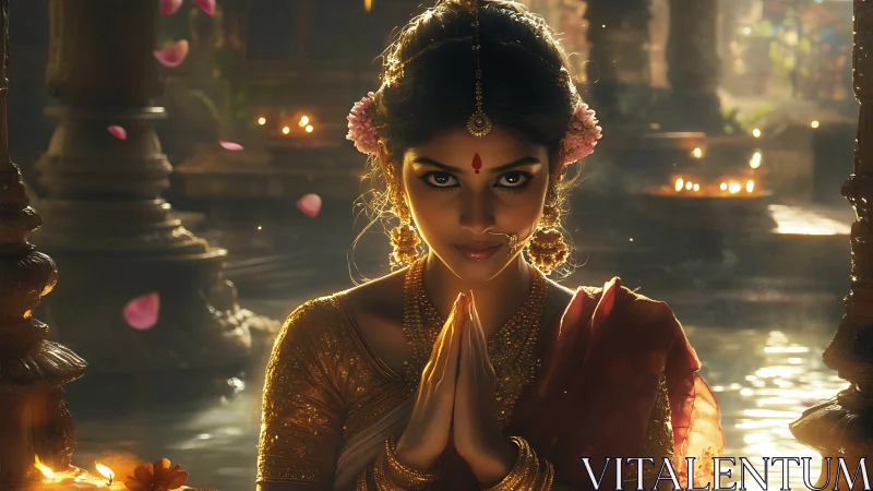 Graceful woman in temple light offering a quiet namaste.