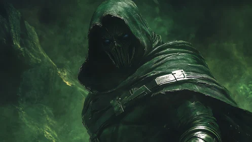 Hooded spectral warrior in emerald fog, cinematic lighting.