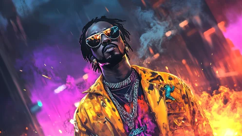 Male figure in reflective jacket amid neon urban flames.